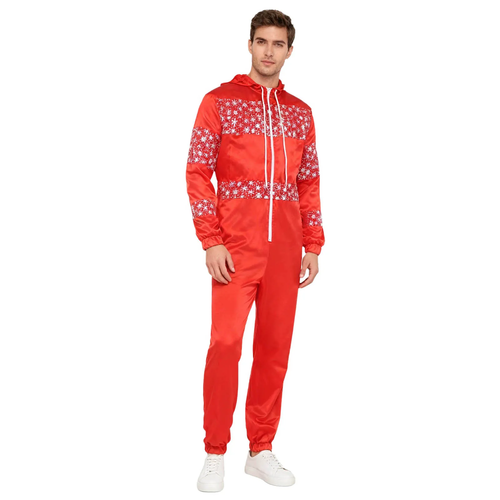 

Men Christmas Santa Hooded Jumpsuit Shiny Snowflake Patchwork Long Sleeve Long Pants Satiny Hoodie Sleepwear for Holiday Party