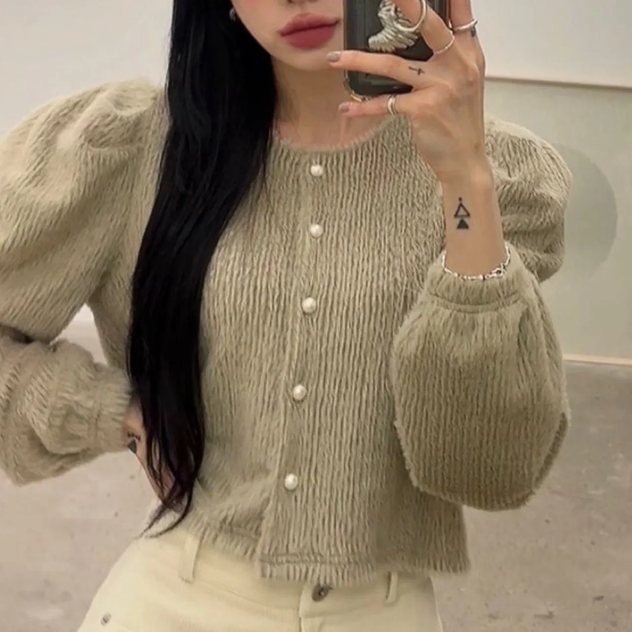 패셔너블한 캐주얼 퍼 텍스처 레트로 디자인 감성 가을 겨울 여성용 스트레이트 컷 코튼 아우터웨어