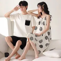 Pajamas for Women Summer 2023 Couple Pajamas Summer Short Sleeve Cotton Sexy Sling Homewear Set Cartoon Print Sleepwear Dress