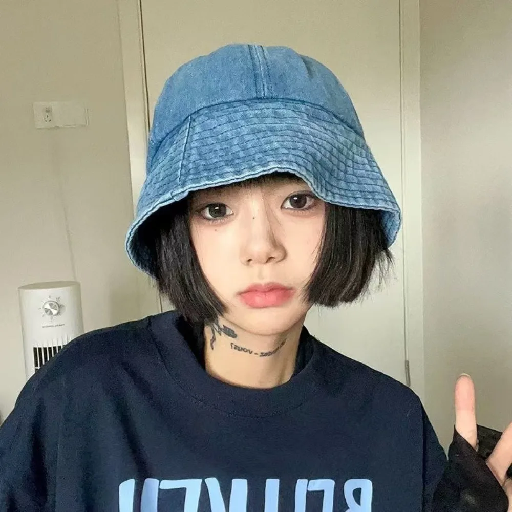

Soft Sunshade Denim Bucket Hats Cloth Lightweight Retro Fisherman Hat Wide-Brim Japanese Style Sun Protection Basin Cap Travel