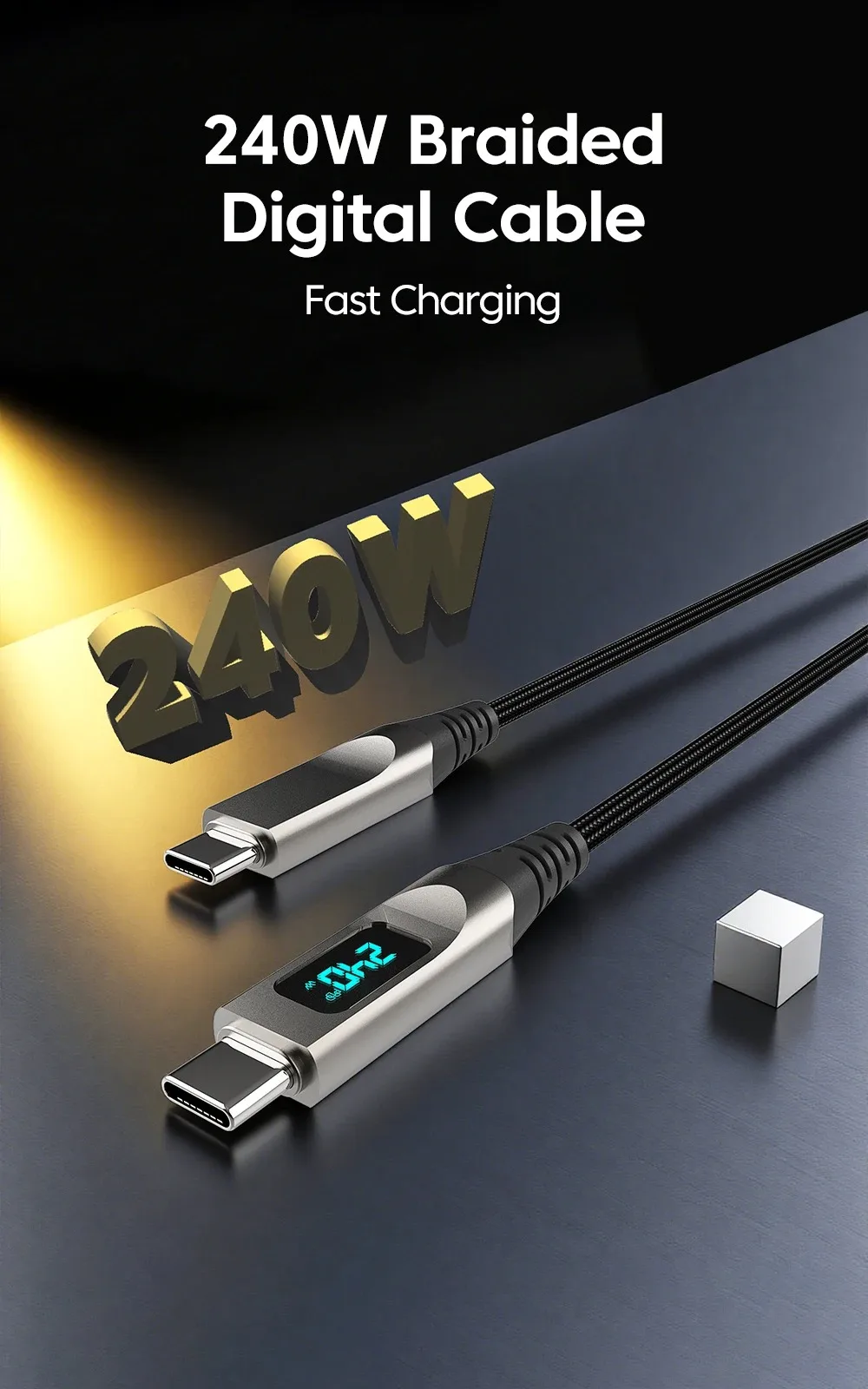 Digital Display USB C to USB C Cable 5A Type C to Type C Nylon Braided Data Cord PD Fast Charging for iPhone15 16 Samsung Xiaomi