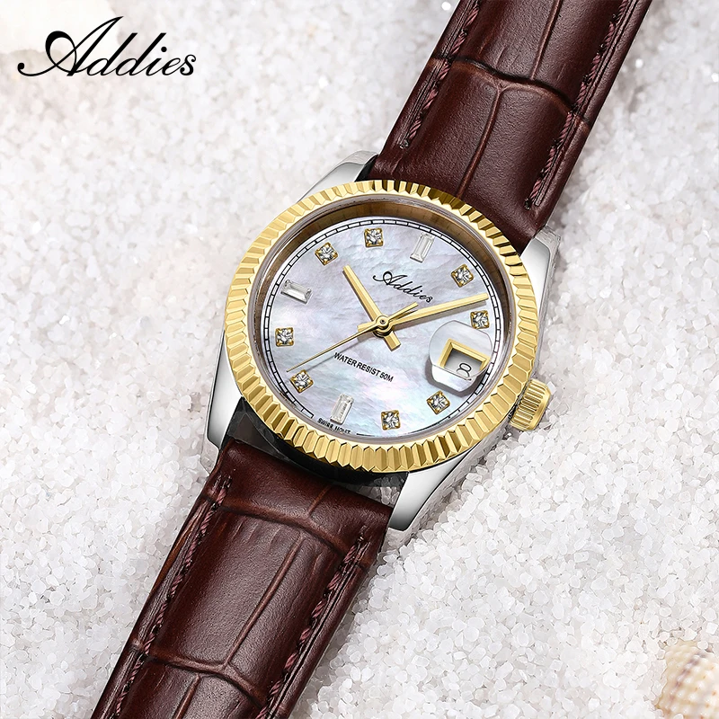 ADDIES Luxury Women Watch Sapphire Glass Swiss Quartz Mother of Pearl Dial Leather Waterproof 50M Ladies Fashion Wristwatch Gift
