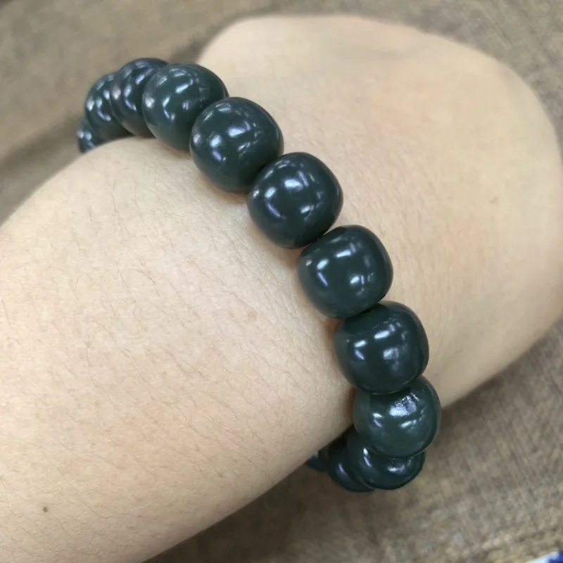 Natural Xinjiang Hetian Gray Jade Old-Styled Bead Bracelet Tower Green Fine Material Men's and Women's Vintage Antique Brac