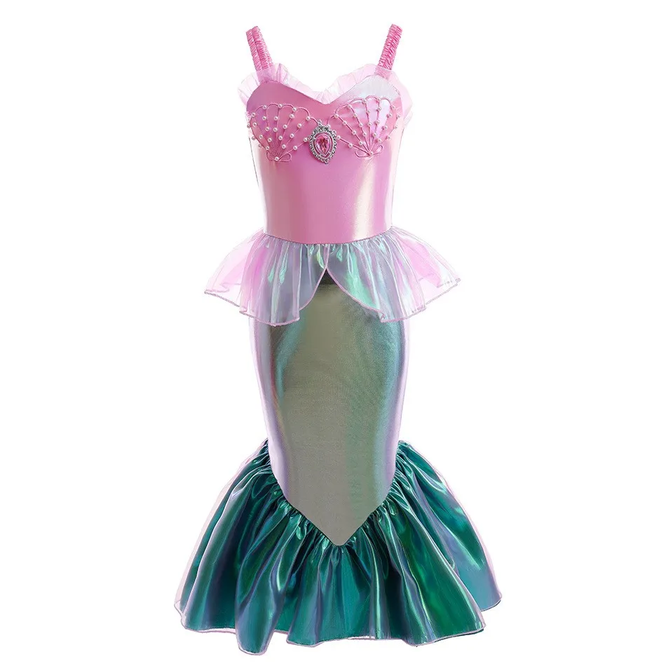 Disney-vestido de Cosplay de sirena Ariel para niña, ropa con incrustaciones de perlas rosas para carnaval de Navidad, traje de vestido de baile, Festival de Halloween