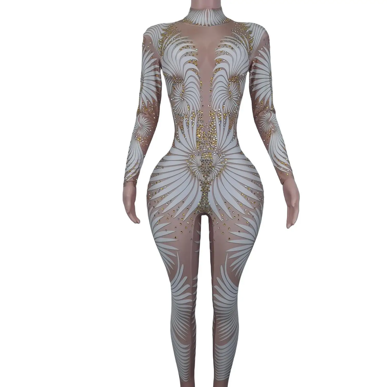 

Rhinestone Jumpsuit Catsuit White Feather Printed Tight Fitting Playsuit Women Fashion Pole Dancing Performance Costumes Feibiao