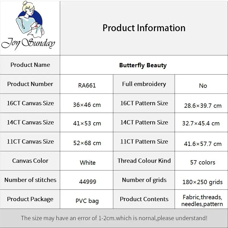 Joy Sunday Cross Stitch Complete Set Butterfly Beauty Pattern Handmade DMC 11CT 14CT 16CT Needlework DIY Embroidery Handicrafts