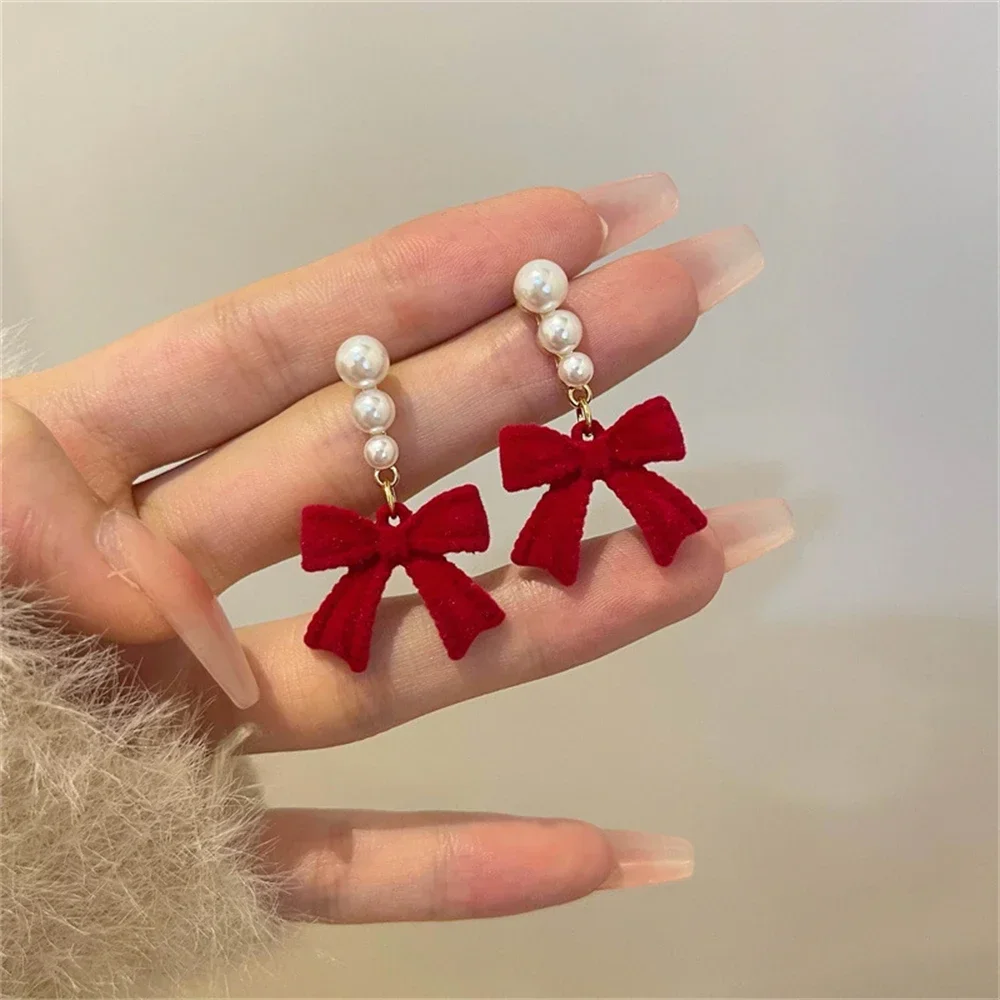 Sweet Bowknots Imitation Pearl Flocked Earrings for Women Girls Elegant Red Black Ear Accessories Fashion Jewelry Exquisite Gift