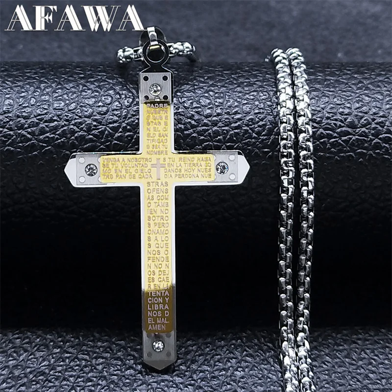 The Lord's Prayer Cross Bible Spainsh Verse Ncklace Stainless Steel Jesus Bible Catholic Believer Necklace cordao masculino