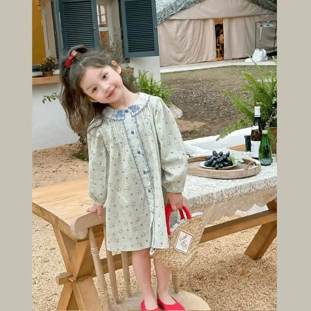 

Kids Girl Dress Single Breasted Long Sleeve Children Girl Dress Spring 2025 New Toddler Girls Dress Cotton Floral Sweet Princess