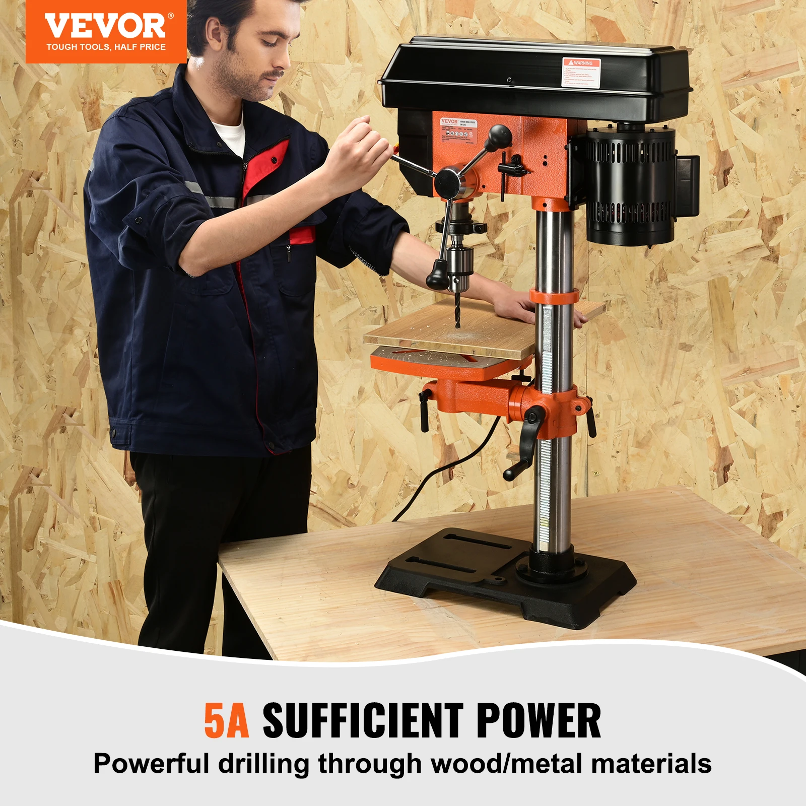 VEVOR 12in Benchtop Drill Press, 5A Variable Speed Cast Iron Bench Drill Press, 12in Swing Distance 0-45° Tiltling Worktable