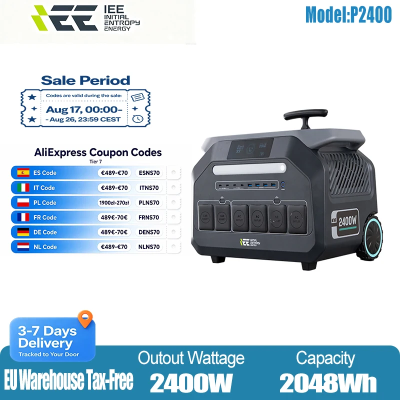 IEE P2400 Portable Power Station 2400W 2048Wh LiFePO4 Solar Generator, 4800W Peak , Max 1400W Ultra Fast AC Charging, Max 800W MPPT Solar Input, Wheeled Trolley Design, Multi AC Outputs, Built-in LED Light, 5-Year Warr