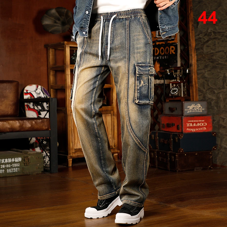 

Vintage Moto Biker Jeans Men 44 Plus Size Multi-pocket Cargo Denim Pants Fashion Casual Baggy Jeans Stretch Waist Pants Big Size