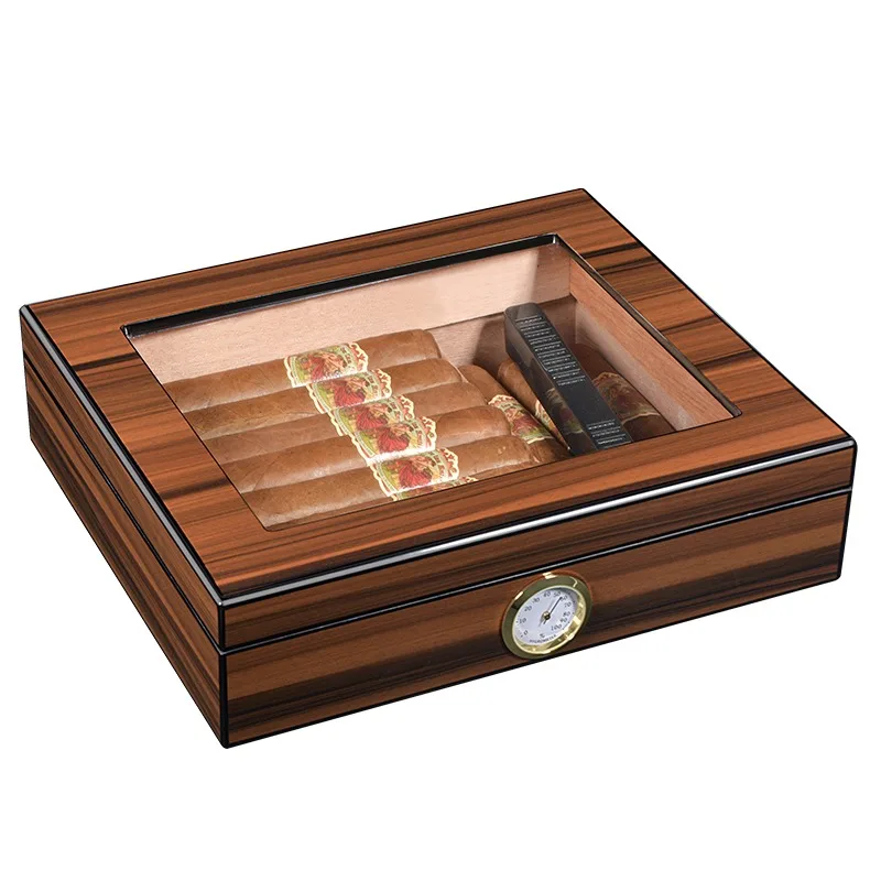 Cigar Storage Desktop Box with Humidifier, Hygrometer, Glass Top, Portable Cigar Humidor for 35 Cigars, Cedar Wood Lined Cabinet