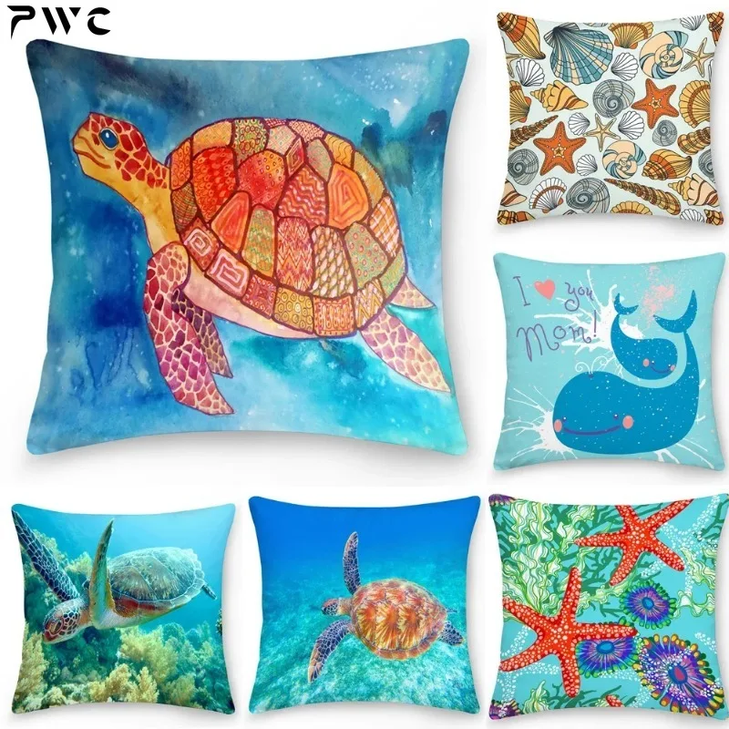 

Square Cushion Cover pillowcase Office Sofa Turtle Coral Shell Animal Ocean World case