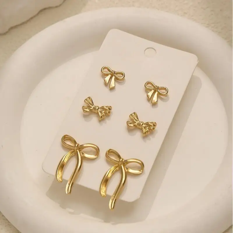 3 Pairs Assorted Golden Bow Earrings Pack, Fashion Minimalist Long Ribbon Bow Earring Set, Alloy Stud Earring Multipack