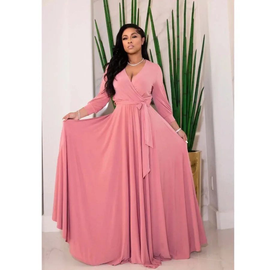 

Elegant Women Wraped V-neck Long Sleeve with Sashes Maxi Long Dress Chic INS Sexy Party Prom Big Swing Pink Dresses