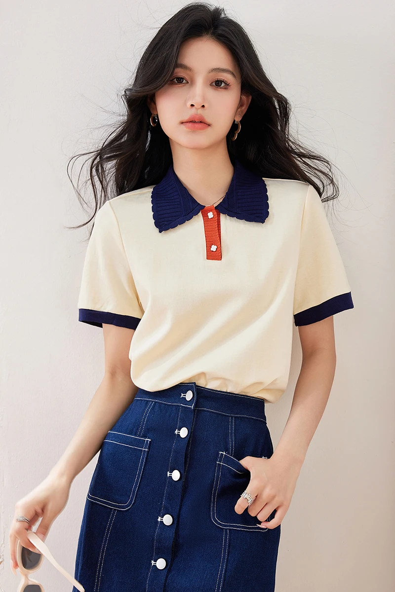 2024 Korean Summer New T-shirt Women Short Sleeve Contrast Color Lapel Cotton T Shirts Casual Slim Fashion Pullover Tees Tops