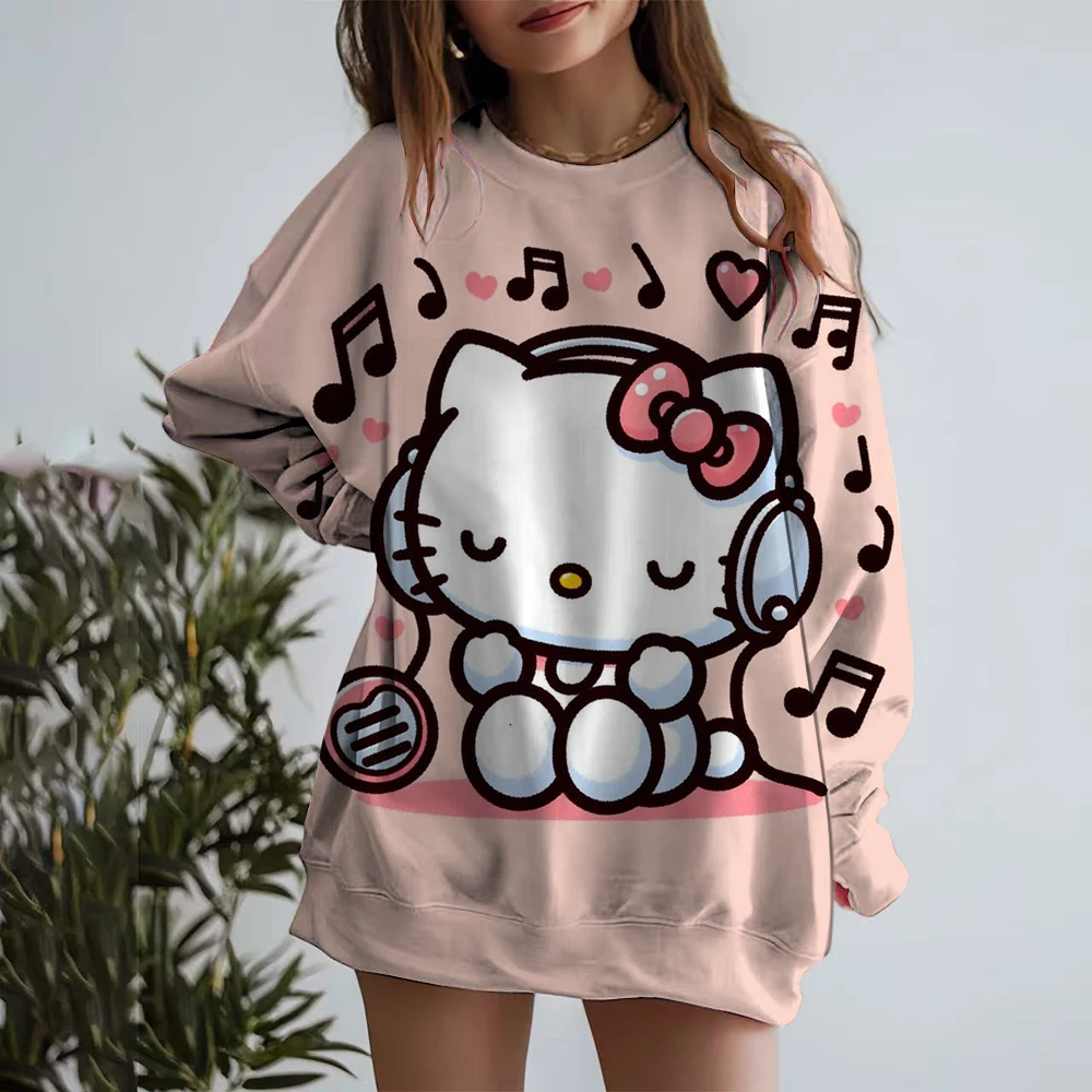 Street casual women's sportswear Hello Kitty Kuromi cartoon print hoodie, loose and soft pullover sweater, round neck woolen swe