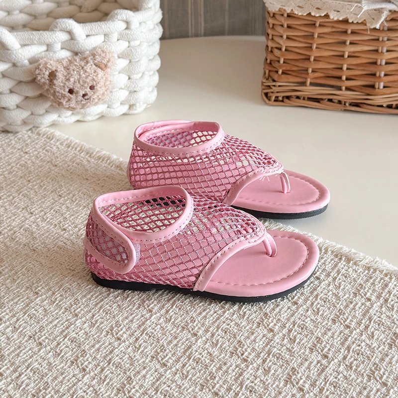 Spring Boys Girl's Flip Flop Sandals Mesh Hook-loop Breathable Chic Kid's Flat Shoe Solid Colors Anti-slip Casual Children Shoes