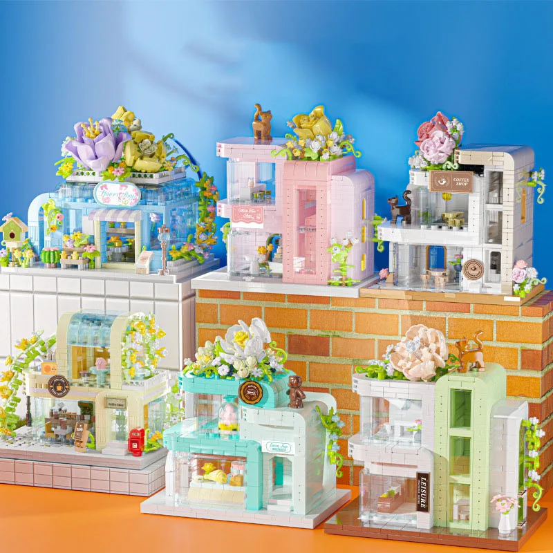 Idée Nanobrick Street View fleuriste café Micro bloc de diamant magasin de fleurs café maison Architecture construction brique jouet pour cadeaux