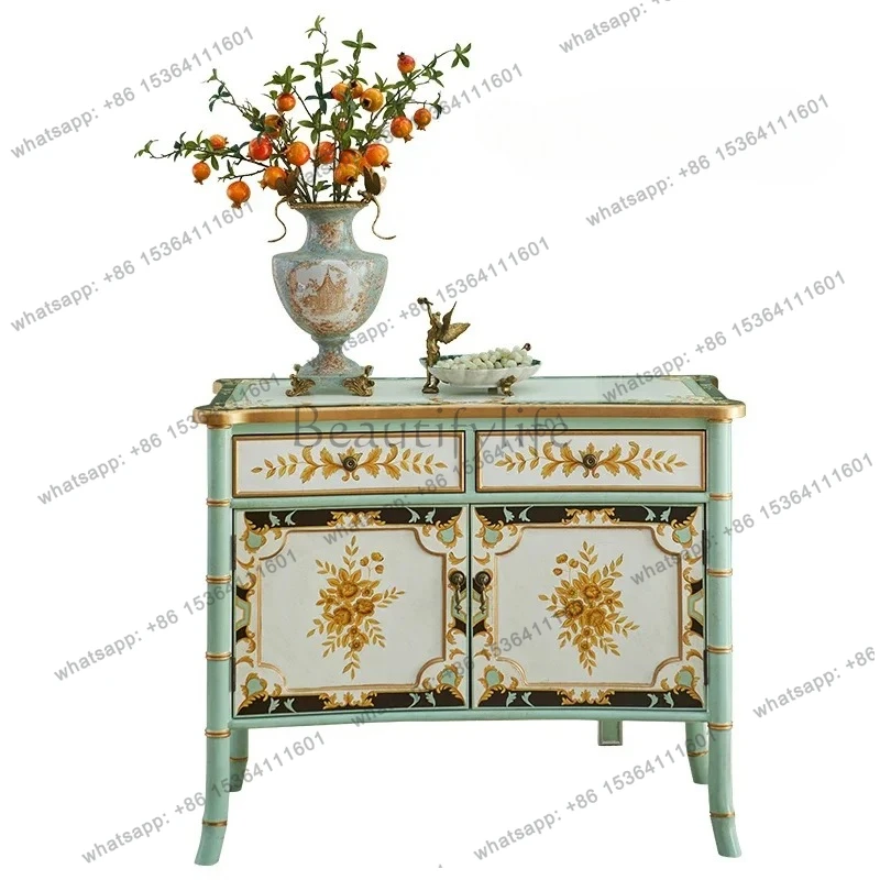 

Retro solid wood dining side cabinet luxury European art hand-painted small entrance decorative tea cabinet