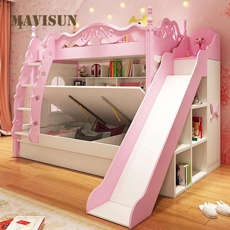 Lovely Girl Kids Princess Bunk Bed In Pink Solid Wood High And Low  Adult Child Mother  Multi-Functional Children's