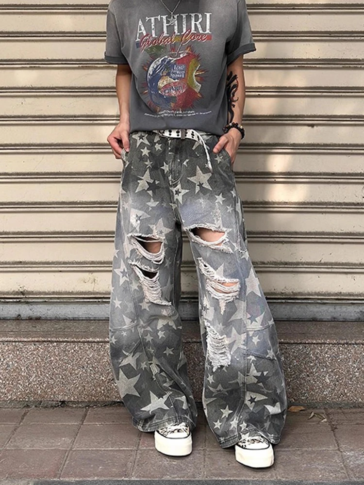 ReddaChic ستار التمويه واسعة الساق الجينز للرجال متزلج الرجعية الدنيم ممزق ثقوب واسعة الساق برميل السراويل الفضفاضة فاسق Y2k الشارع الشهير