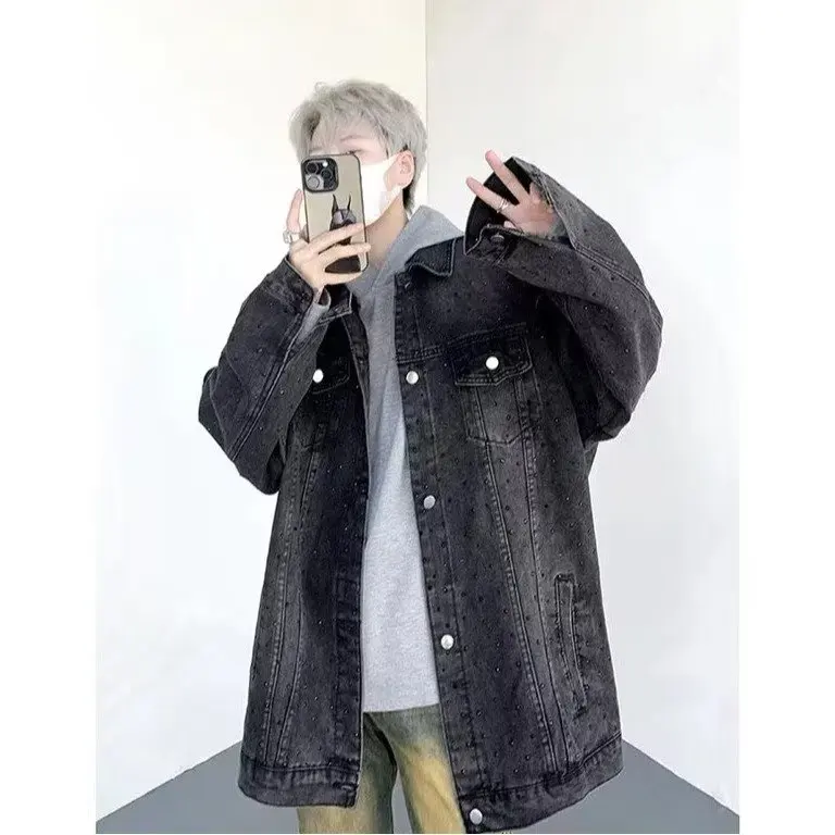 

Осень-зима, мужской джинсовый кардиган большого размера, джет с железным диамофом, свободная одежда для пар, повседневная рабочая одежда, верхняя одежда