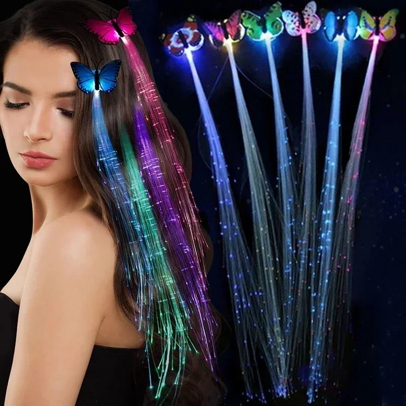 New Colorful Luminous Braids Butterfly Glitter Fiber Optic Hair LED Silk Braids Bar Prom Aid Supplies Hairband Hair Decor