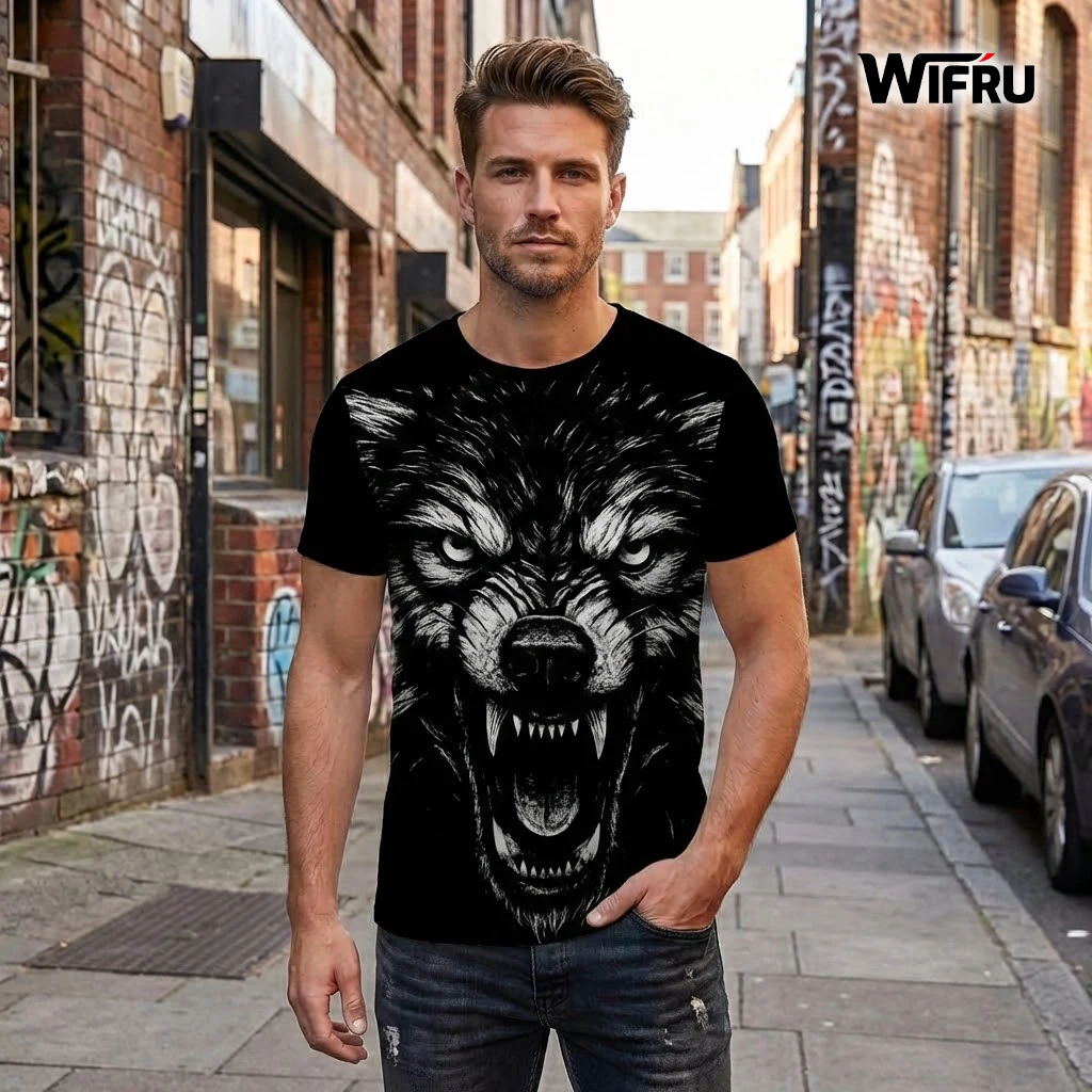 

Fierce Wolf Graphic Men's T-Shirt Classic Black & White Animal Print Streetwear WIFRU Personality Cool Casual Quick-Drying Tops
