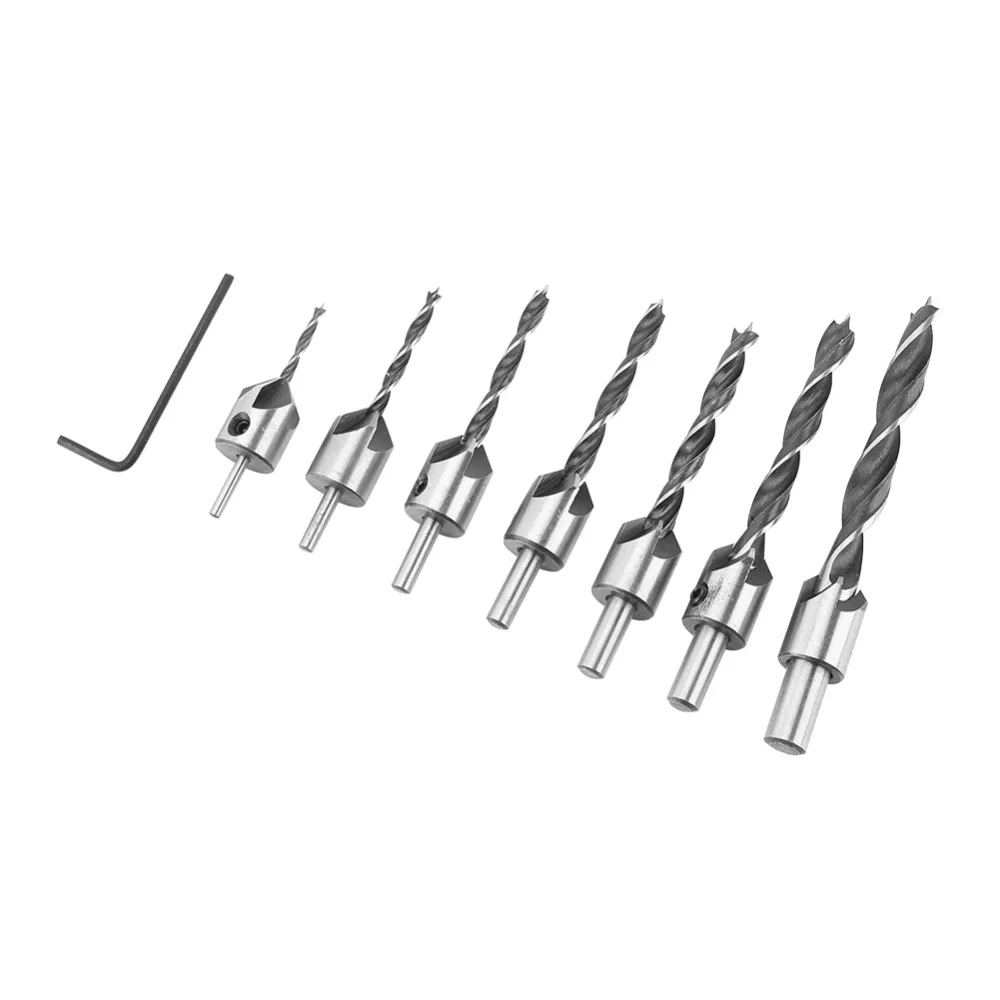 

7 Pcs Carbon Steel ​Countersink Drill Bits Set 5 Flute Design With Hex Key Wrench Woodworking Chamfer Drill Bit