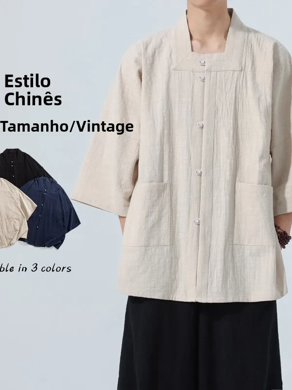 夏のメンズ半袖シャツスクエアカラー唐衣装改修漢服中国の伝統的な服若者カジュアルピュアカラー