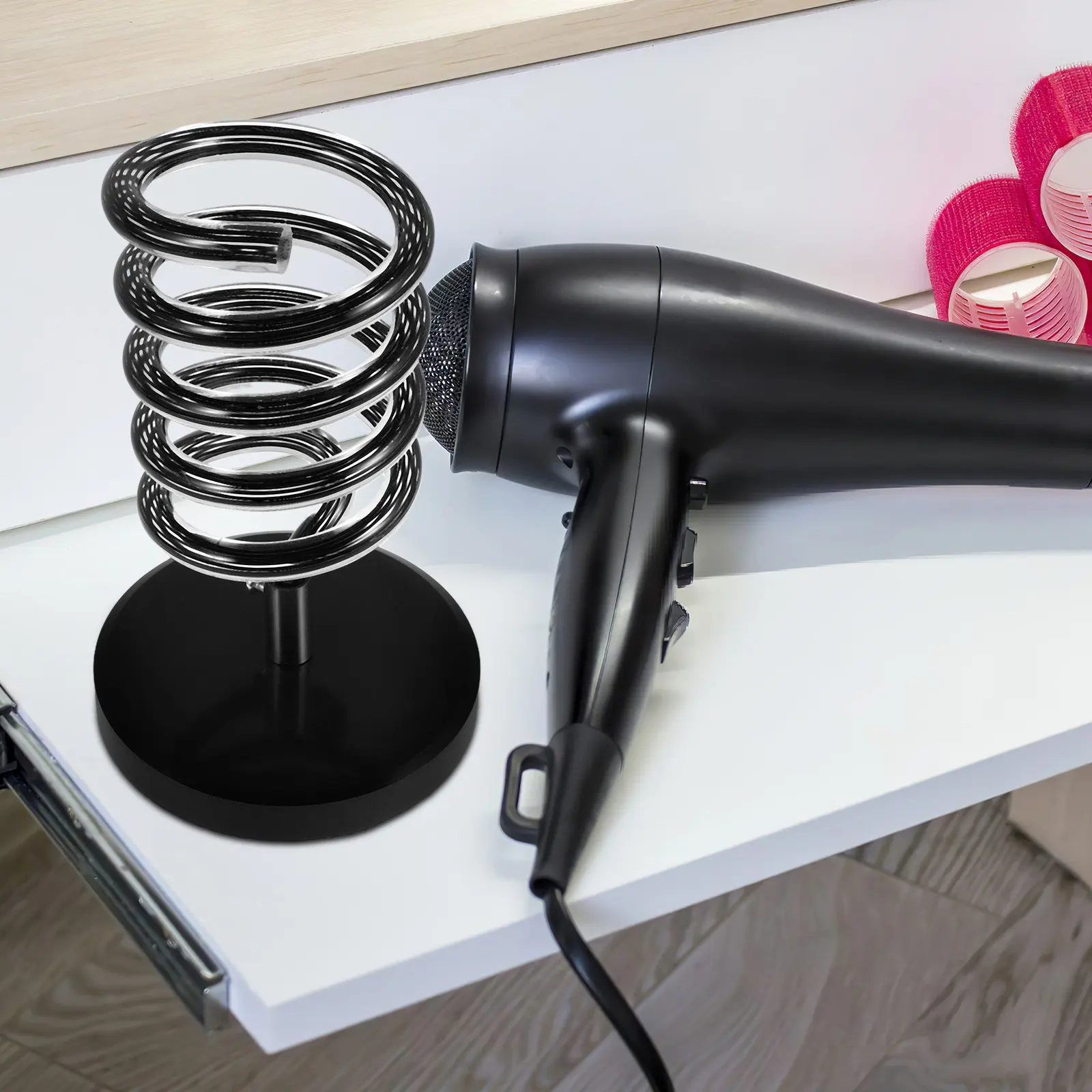 

Salon Hair Dryer Stand Black Marble Base Multifunctional Spiral Holder for Blow Dryer Straightener Brushes Countertop Styling