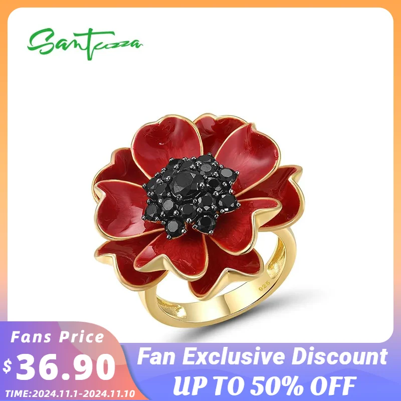 

SANTUZZA Pure 925 Sterling Silver Rings For Women Black Spinel Red Enamel Blossom Sun Flower Luxury Wedding Gifts Fine Jewelry