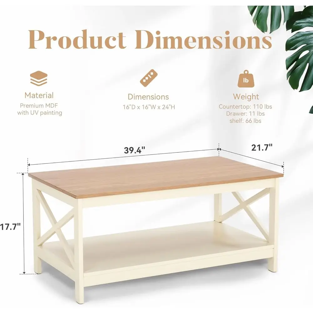 Ivory 2-Tier Farmhouse-Style Coffee Table with Storage for Living Room