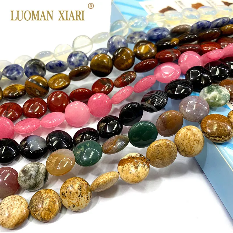 Natural Stone Flat Round Cake Shape Crystal Agates Turquoise Loose Smooth Spacer Beads for Jewelry Making Diy Bracelet 12mm