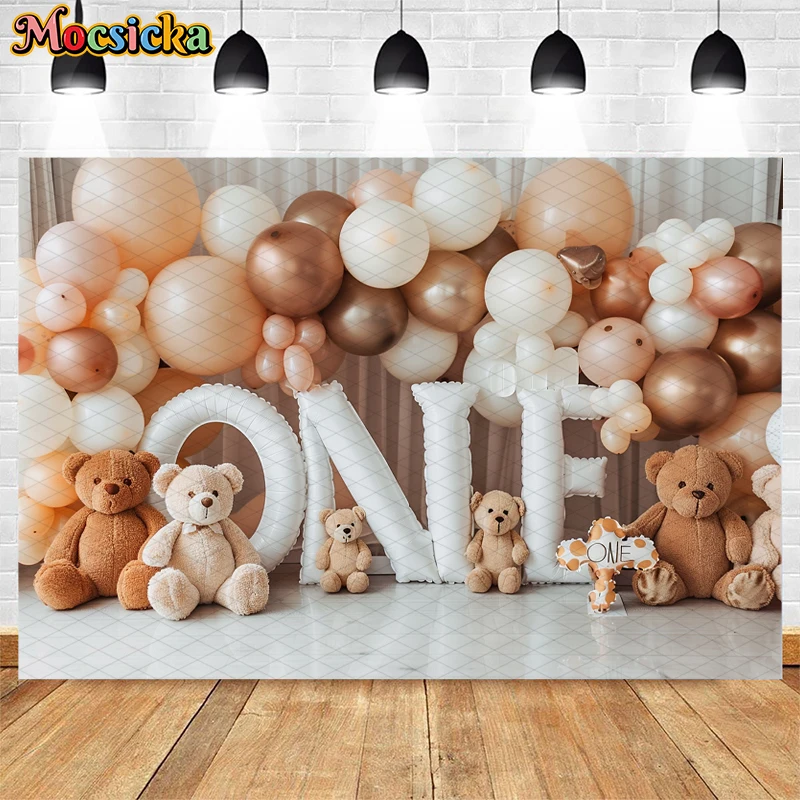 Mocsicka Tło fotograficzne 1st Birthday Party Cake Smash Kids Portrait Decor Tan Bear Balloon Wall Backdrop Photo Studio