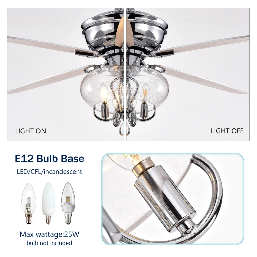 Ventilatore da soffitto cromato da 52 pollici con telecomando e luce Motore reversibile a 3 velocità per soggiorno, sala da pranzo, camera da letto, cucina, stanza degli ospiti