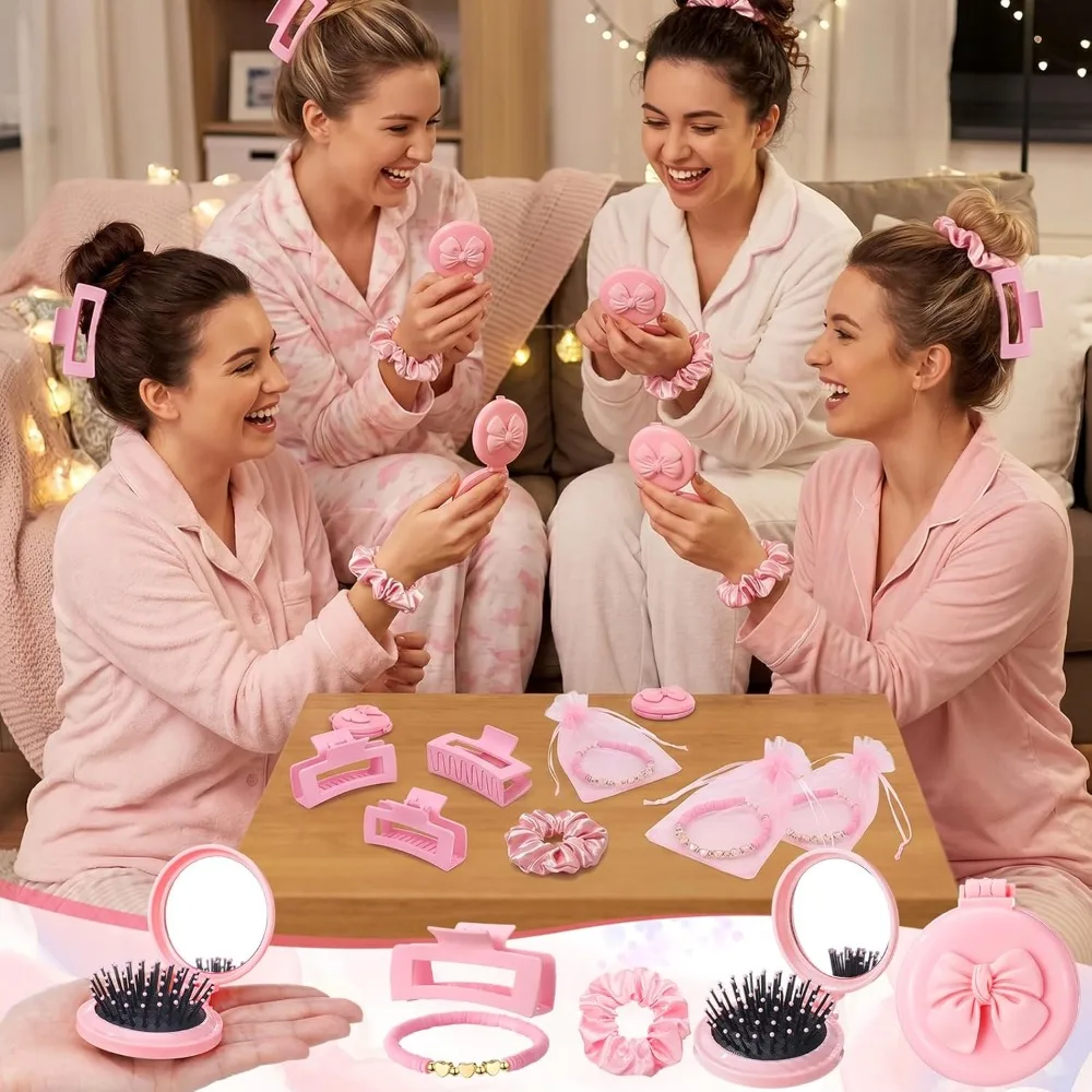 2-20 Sets Pink Coquette Bow Folding Mirror Brush, Scrunchies, Bracelets, Claws for Women Sleepover/Birthday/wedding Gift image 4