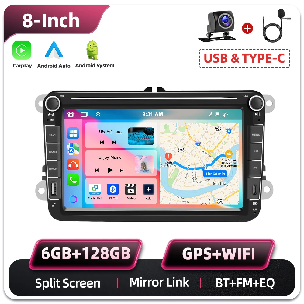 Podofo 8 Zoll 2 Din 6+128G/2+64G Auto-Multimedia-Player für Seat Altea/Toledo/Leon VW Golf/Pasta/Jatta/Bora/Scirocco Skoda Fabia/Yeti/Roomster/Praktic unterstützt Rückfahrkamera/KI-Sprachassistent GPS