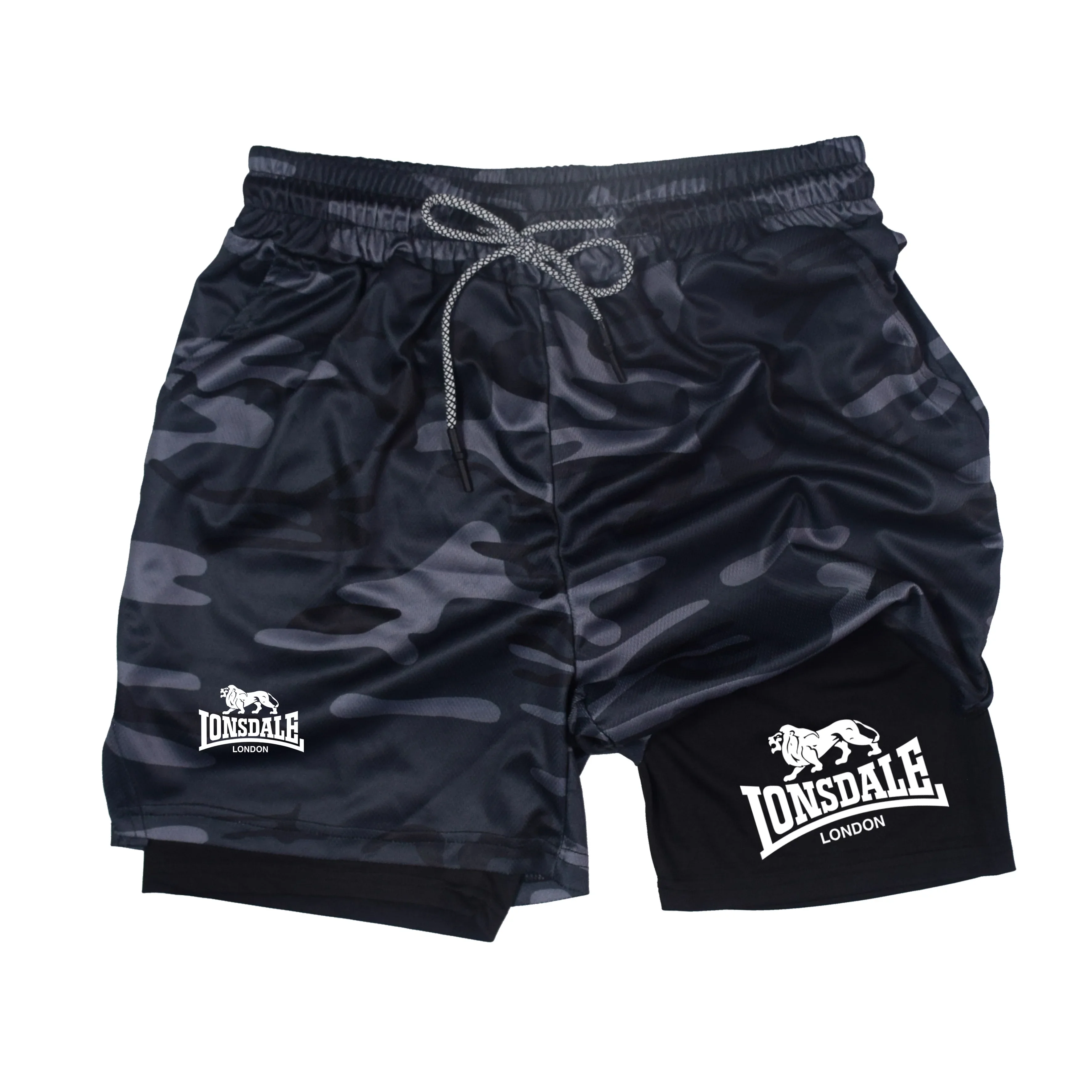 2 in 1 Running Shorts Men Workout Lonsdale Compression Shorts with Phone Pocket Towel Loop Summer Sport Athletic Activewear image 2