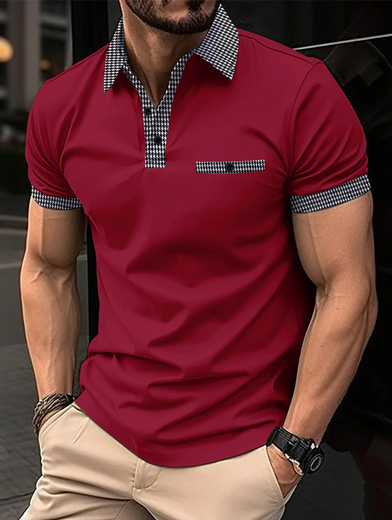 2023 Fashion Men\'s Short Sleeve Polo Shirt Man Plaid Collar POLO Tee Male Casual Collar T-Shirt Clothing