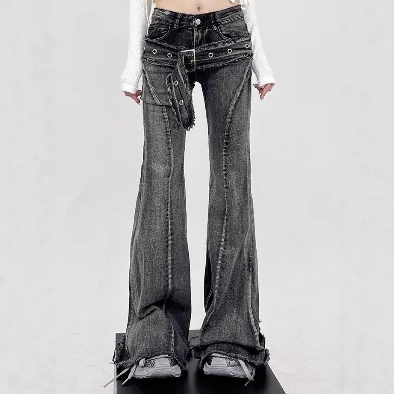 

y2k Women High Street Black Flare Jeans Retro Belt Design Slim Straight Draped Horseboot Floor Length Casual Fashion Denim Pants