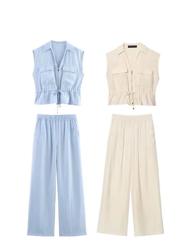 

HH женские повседневные брючные костюмы с однотонным отложным воротником без рукавов на шнуровке и карманами на молнии, топы + свободные длинные брюки с эластичной резинкой на талии