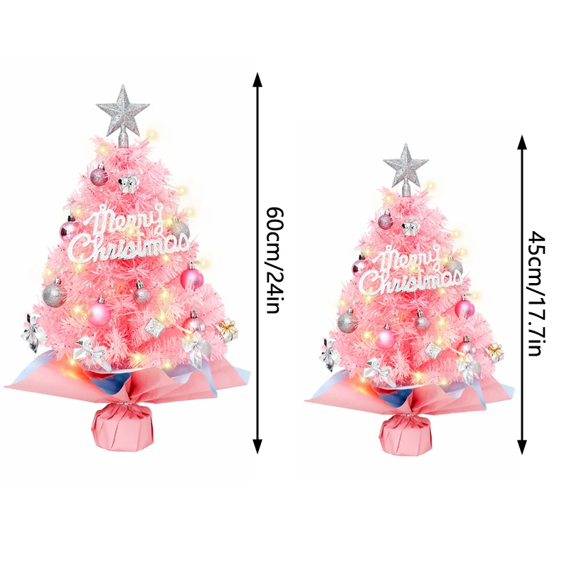 Mini Árvore de Natal Rosa com enfeites e enfeites, decoração de mesa, decoração festiva elegante para pequenos espaços, feriado, 45cm, 60cm