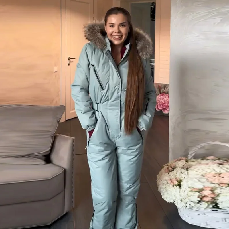 Hooded Women Ski Suit One Piece Ski Suit With Large Fur Collar Waist Cinch Ski Suit With Belt Winter Outdoor Wear 2026 4 Hooded Women Ski Suit One Piece Ski Suit With Large Fur Collar Waist Cinch Ski Suit With Belt Winter Outdoor Wear 2026 4