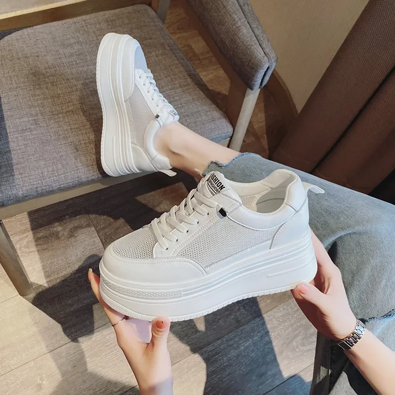 Maogu 2023 Woman Leisure Shoes Spring White Genuine Leather Women Casual Shoes Chunky Sneakers Platform Wedge 8cm Hidden Heel 34