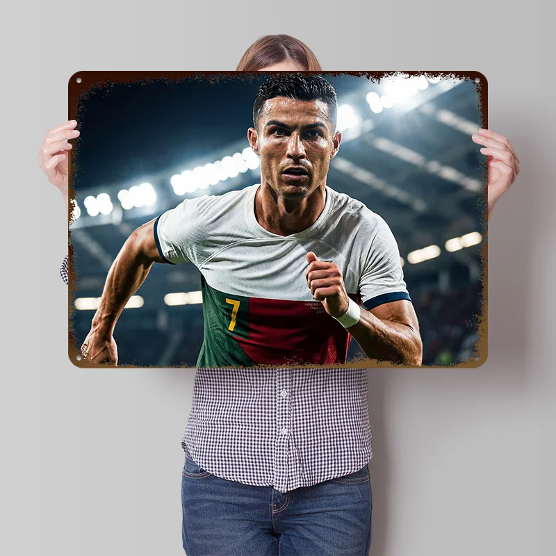 Cristiano Ronaldo in Action Metal Poster Customized Wall Art Retro Vintage Tinplate Signs for Man Cave Room Decorating Interior