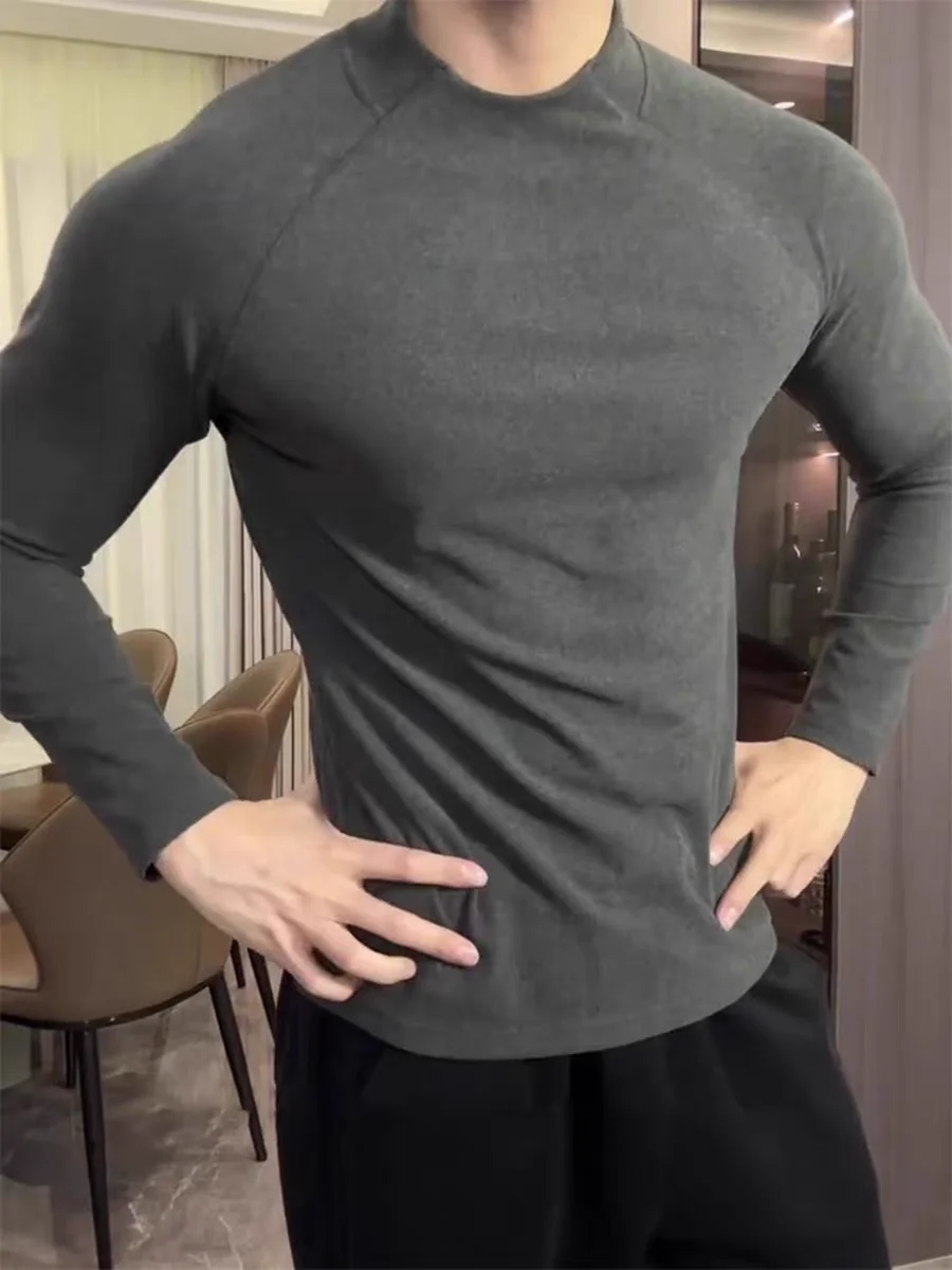 

Мужская теплая базовая футболка с длинным рукавом для бега и фитнеса, осенне-зимняя, плотная, спортивная, с воротником-стойкой