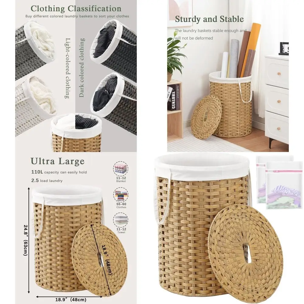 Cesto de Ropa Redondo de Mimbre Tejido con Tapa y Asas, Capacidad de 29.1 Galones, Incluye 2 Bolsas de Malla para Uso en Baño o Sala de Estar